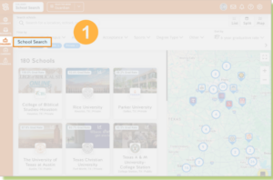 SchooLinks School Search page. A large orange circle with the number "1" is positioned next to a box highlighting the "School Search" header at the top of the college directory results.