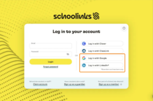 SchooLinks login page. An orange box highlights two single sign-on options: "Log in with Google" and "Log in with LinkedIn." A note below the box specifies these are for guardians and members only.