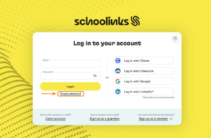SchooLinks login page. An orange arrow and box highlight the "Forgot password" link located directly below the main yellow Login button.
