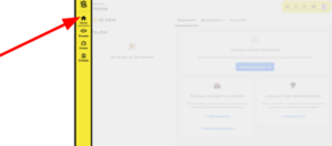 SchooLinks Member Home dashboard. A large red arrow points to the "Home" icon (a house symbol) at the top of the vertical yellow navigation sidebar on the left side of the screen.