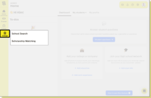 SchooLinks dashboard. The "Colleges" icon in the sidebar is highlighted with a black border, opening a sub-menu. The sub-menu displays two options: "School Search" and "Scholarship Matching."