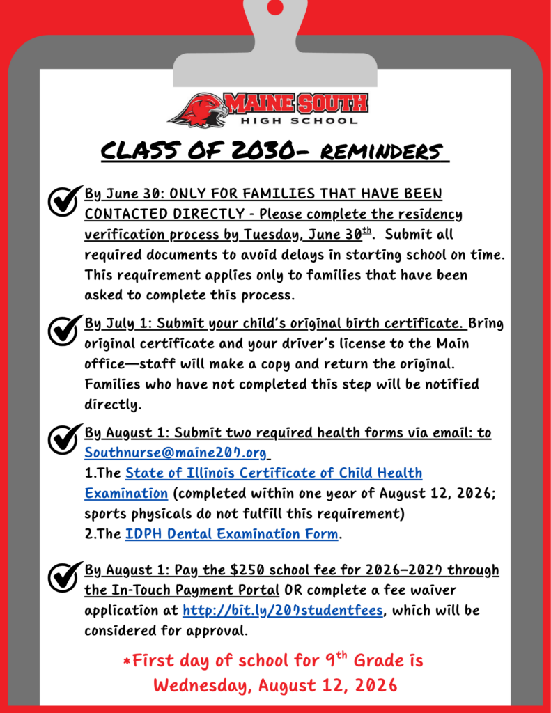 Updated Class of 2030 Reminders!