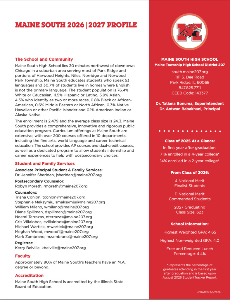 A red and white profile page for Maine South High Schools 2026–2027 year includes school info, demographics, leadership contacts, and an overview of academics and student life, plus the school crest at the top.